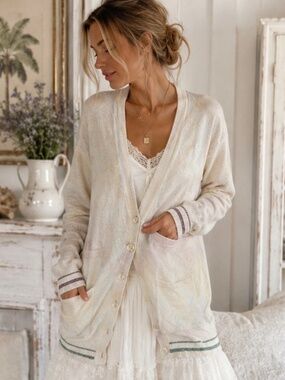 Le Superbe Cream Oversized Longline Cardigan Metallic Trim Relaxed Sweater